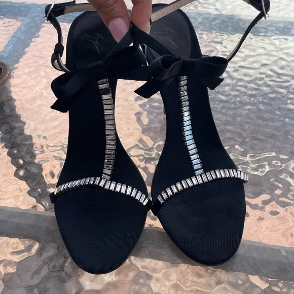 Giuseppe Zanotti Black Grosgrain Crystal Sandals Size 38